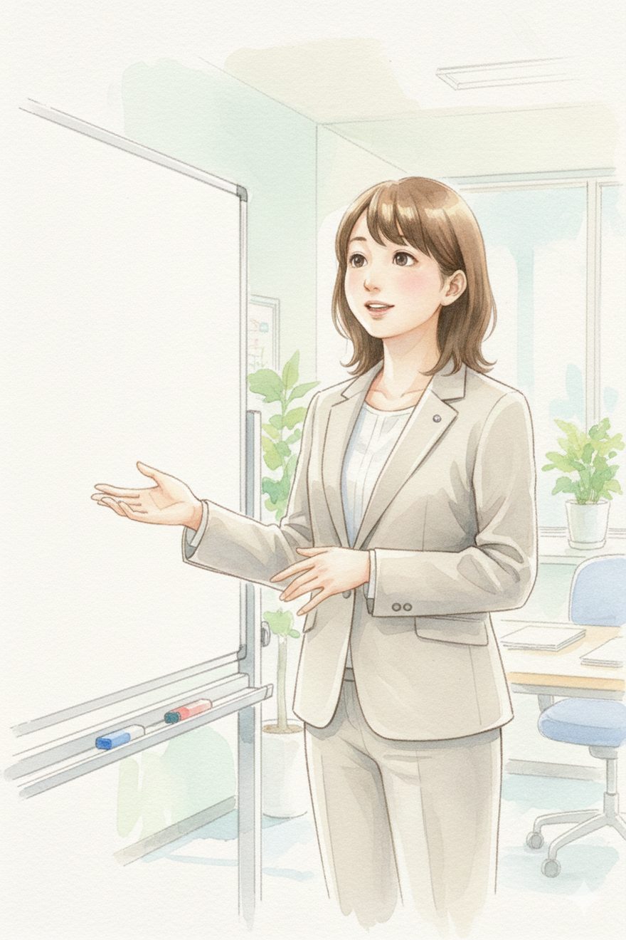 ホワイトボードの前で説明する産業保健師のイラスト
