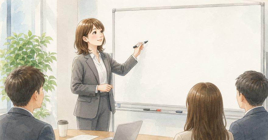 社員向けセミナーで話す産業保健師のイラスト